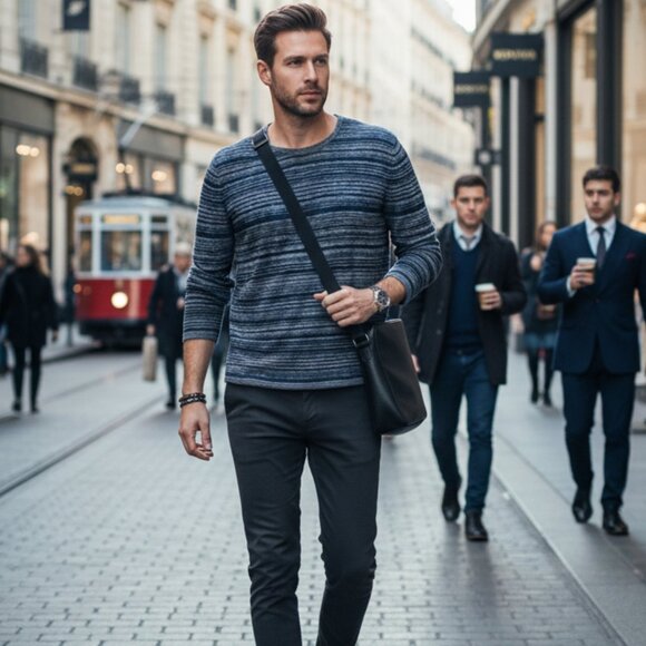 John Varvatos Sweater Men's XL Gray Blue Striped Linen Blend Long Sleeve - Picture 1 of 11